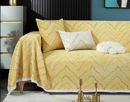 Homxi Sofa Überzug Einsitzer,180x180CM,Couchbezug Decke Marmoriert Strukturiert mit Spitze Sofa Überwurf Chenille Sofa Handtuch Gelb Sofabezüg