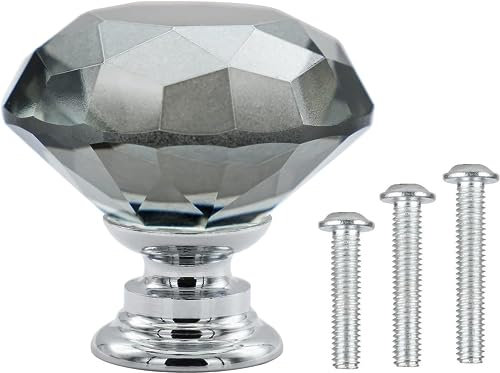 Vandicka 4 Pack 30mm Crystal Glass Cabinet Door Knobs Wardrobe Cupboard Dresser Drawer Pull Handles (Grey Diamond + Chrome Base) with Screws in 3 Sizes