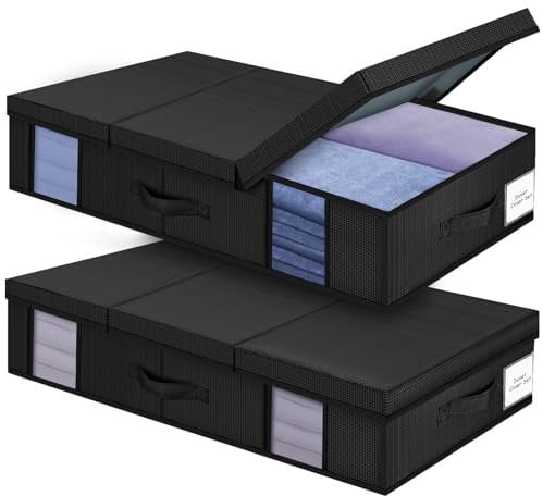 Eurhomewit Under Bed Storage Box with Lid, Foldable Underbed Storage Boxes with Lids, 2 Pack Under Bed Storage Organiser with Windows & 3 Handles For Clothes/Blanket/Toy, Underbed Storage Boxes -Black