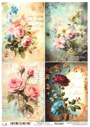 Josys Bastelmärchen Reispapier A4 Strohseide Decoupage Vintage Rosen Blumen Noten RE4961
