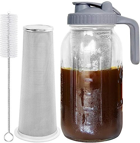 Kanylavy Cafetera fría de 64 onzas, jarra de infusión fría con filtro súper denso de acero inoxidable para café helado, tarro de infusión fría, filtro de tarro de infusión fría, té helado-B