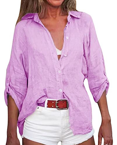 Generisch Musselin Bluse Damen Lässig Langarmshirt Oberteile Baumwolle-Leinen Leinenhemd V-Ausschnitt Kleidung Passform Musselin-Bluse Einfarbig Longbluse Lockere Oversize Leinenbluse Sommer Tunika