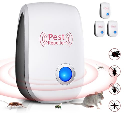 Repelente Ultrasónico de Plagas, 4 Paquetes Antimosquitos Electrico Interiores para Anti Mosquitos, Arañas, Moscas, Ratones, Cucarachas, Roedores, 100% Inofensivo para Mascotas y Humanos