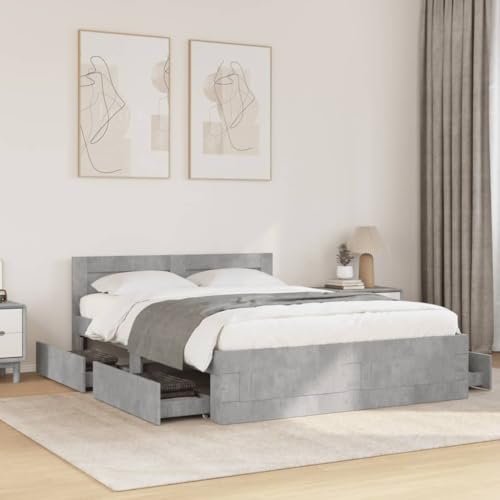 Willood Bettgestell mit Kopfteil Doppelbett lattenrost Bettrahmen Holzwerkstoff Betongrau 120x200 cm