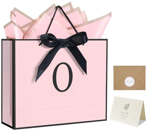 QLSKO Personalisierte Papiertüte mit Initiale für Damen, monogrammierte Geschenktüte mit Schleife, Geschenkpapier und passendem Umschlag-Aufkleber (Rosa, O-Medium)