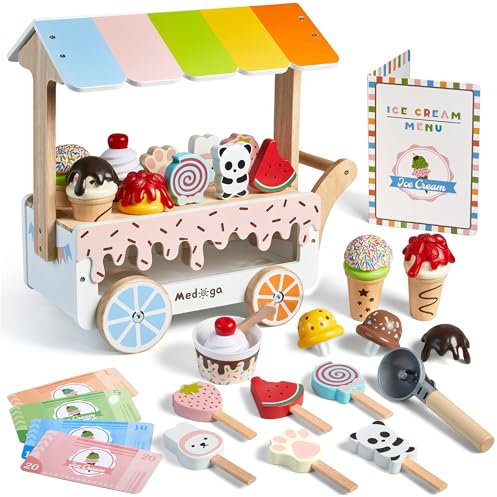 Carrito de Helado de Madera Con Juguetes, Camión de Comida, Accesorios de Cocina Con Polo, Cuchara y Menú - Regalo Para Niñas y Niños de 3 a 6 Años