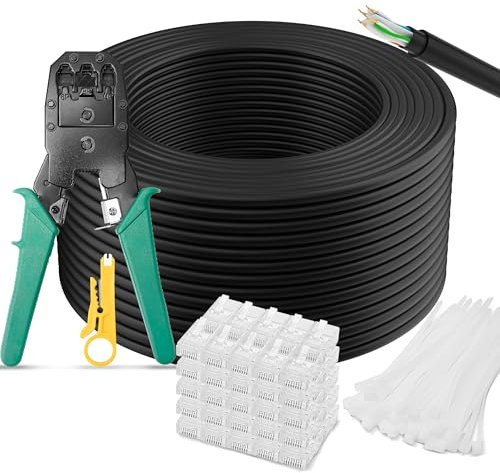 Mygatti Cat6 Cavo Ethernet 150 Metri,Lungo Bulk Esterno Intemperie Nero Bobina Cavo LAN,1.0 Gbps 24AWG UTP CCA Installazione Cavo,POE,con pinze a crimpare+50 RJ45 Connettori+50 Fascette