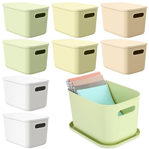Hoolerry 8 Pcs Colorful Storage Bins with Lids and Handle Plastic Stackable Baskets Storage Containers Desktop Cube Box Cubby Bins for Shelf Cabinet(9.8 x 7.1 x 6.3 Inch)