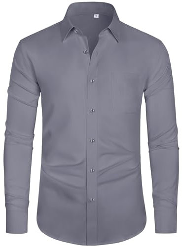 J.VER Mens Shirts Long Sleeve Light Grey 4-Way Stretch Fashion Formal Dress Business Smart Casual Work Button Down Shirt for Men Adult M