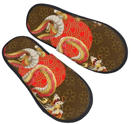 ZORIN Pantoufles en peluche décontractées à enfiler, chaussons en fourrure, motif dragons chinois, nuage rouge, antidérapant, pour la maison, la chambre à coucher, pour homme et femme, Noir , Medium
