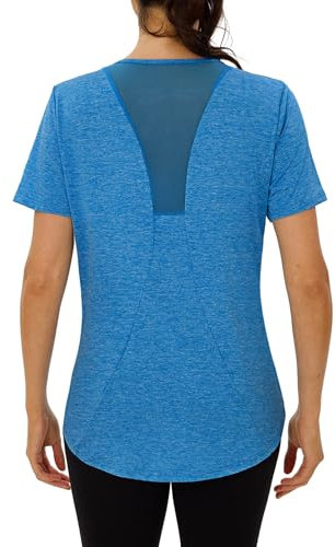 Terecey Sport Tshirt Damen Fitness Funktionsshirt Kurzarm Sportshirt Laufshirt Locker Atmungsaktiv Wandershirt mit Back Mesh Sport Oberteile fur Yoga Zumba, Blau 3XL