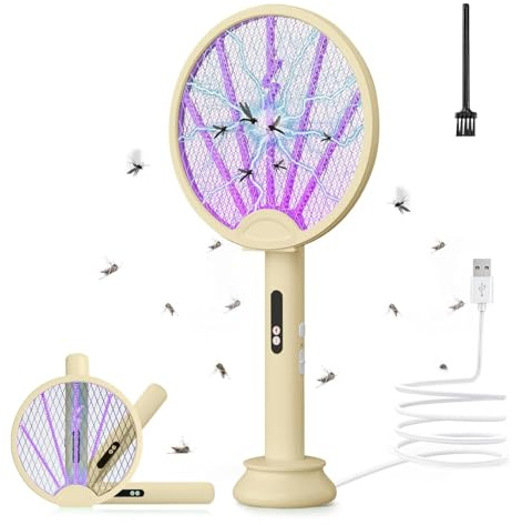 OKYUK 3-in-1 Elektrische Fliegenklatsche Faltbare, 3500V Extra Stark Elektrische Fliegenfänger, Insektenvernichter UV Mückenlampe, Abnehmbarer Ladebasis, für Mücken, Fliegen, Motten, mit Bürste (Gelb)