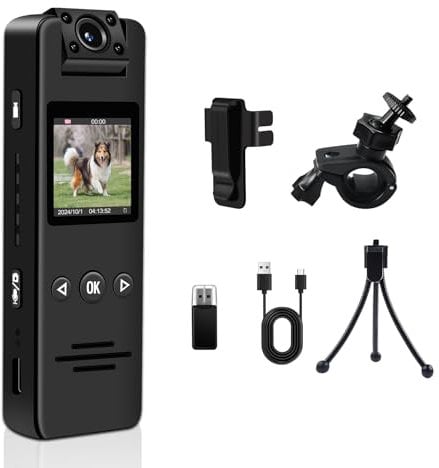 Body Cam con Audio e Video, Bodycam 1080P HD & Lente Rotante a 180° & 120° Ampio Angolo Mini Videocamera, Visione Notturna & Rotazione Automatica Telecamera Portatile
