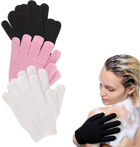 3 Pair Shower Gloves Exfoliating, Deep Clean Body Exfoliator Scrub, Dead Skin Remover Shower Body Scrub Gloves for Shower, Spa, Massage and Dead Skin Cell Remover Loofah - Black, Pink, White