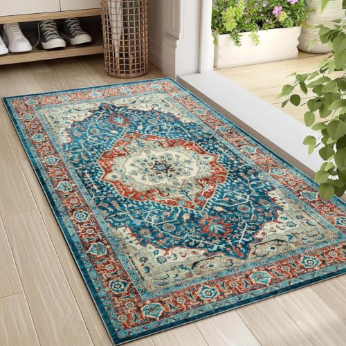 Imperial Rooms washable Rugs for Bedroom Orange Teal 60x110 cm Soft Carpet for Kitchen Anti Slip Backing Door Mat kids Room Hallway Short Pile Vintage Design Entryway Mats (Regal)