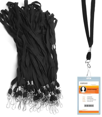 50 Stück Lanyard Set mit Ausweishalter, Flaches Schlüsselband aus Polyester mit Metallhaken & 2x Ausweisrolle Flaches Schlüsselband – Schwarz Einfarbig für Büro Schule Messe