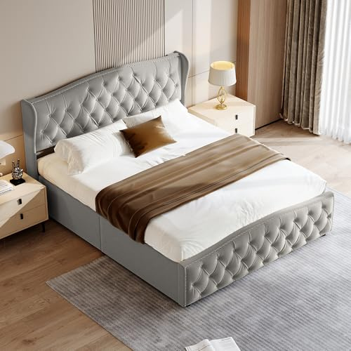 OLIVIBED Polsterbett 140x200 cm, Hydraulisches Jugendbett mit Bettkasten und Sturaum, Teenagerbett mit Kopfteil, Boxspringbett für Jugendliche, Erwachsene, Ohne Matratze, Grau, Samt