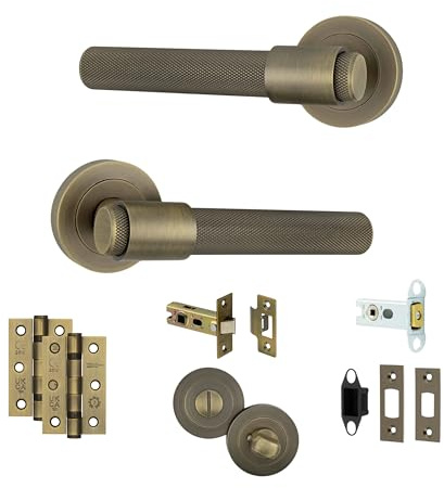AXS Dakota Internal Door Handles on Rose – Lever Handle Pair for Wooden Doors – Modern Concealed Fix – Fits Standard UK Tubular Latch (Antique Brass, Bathroom Door Pack)