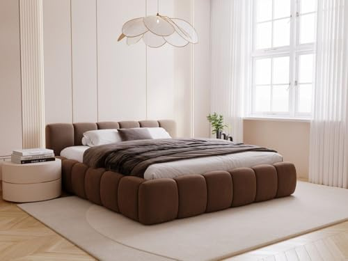 GRAINGOLD Cloud Low Bett, Polsterbett mit Bettkasten, Polsterbett mit Stauraum, Samt, mit Lattenrost, mit Kopfteil, ohne Matratze (Braun, 200x200)