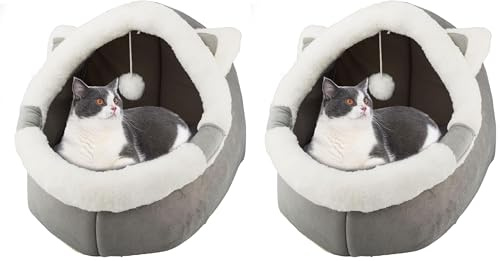 Katzenbetten für den Innenbereich mit hängendem Spielzeug, kleines Hundehöhlenbett mit Anti-Rutsch, Kätzchen-Zelt, abnehmbares gepolstertes Kissen, superweiche (Packung mit 2)