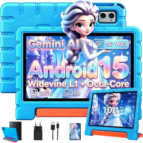 ZIOVO Tablette Enfants Android 15 Tablette 10 Pouces, 30Go RAM + 64Go ROM (TF 2To), Gemini AI, 5G WiFi/Octa-Core/Widevine L1/Face ID/Contrôle Parental/6000 mAh/BT 5.0, Tablette avec étui EVA - Bleu