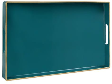 MAONAME Decorative Tray for Coffee Table, Modern Serving Tray with Handles, Plastic Rectangular Tea Tray for Ottoman, Bathroom Decor,15.75” X 10.2” (Dark Green)