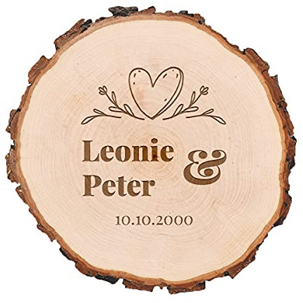 polar-effekt Runde Holzscheibe mit Wunschgravur - 16-19 cm Tischdeko - Dekoration Hochzeit - mit natürlicher Rinde - für Paare - Mittelstück Jahresringe - Motiv Herz Ornament