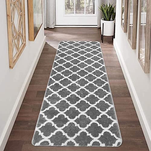 Famibay Hallway Runner 60x180cm Runner Rugs for Hallway Non Slip Grey Hall Runners Washable Geometric Kitchen Carpet Runners for Entryway Laundry Bedroom