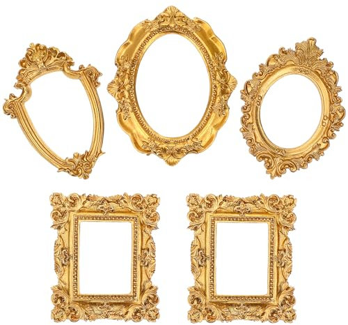 ABOOFAN 5Pcs Mini Gold Bilderrahmen Vintage Harz Fotorahmen Schmuck Display Frame Fotografie Fotorahmen Barock Ort Kartenfoto Halter Maniküre Foto Home Decor Gemischte Stil