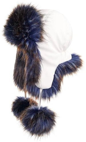 Futrzane Fliegermütze - Schapka Uschanka Damen - Fell Trapper Mütze aus Leder (One Size, Weiß - Marineblau mit Braun Classic)
