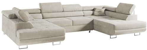 MKS MEBLE Sofa Beige Wohnzimmer - Wohnlandschaft - U-Form Couch mit Schlaffunktion - Schlafsofa mit Bettkasten - Wohnzimmer U Couch - Polstersofa mit Bettkasten - Gustaw U Dunkelcreme Paros