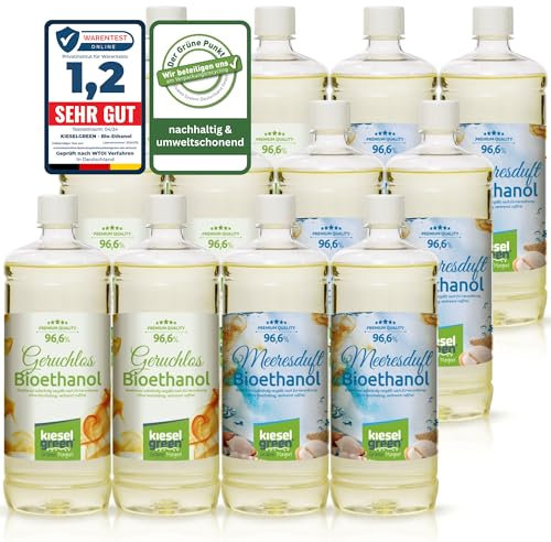 KieselGreen Bioethanol 12 x 1 Liter Sets (6X Geruchlos + 6X Duft) für Ethanol-Kamin - Bio Ethanol als Raumduft, viele Duftnoten (6X Geruchlos + 6X Meeresduft)