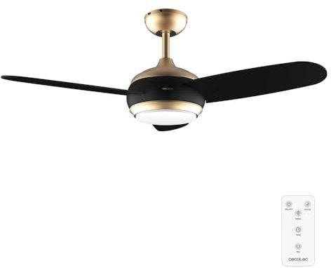 Cecotec Ventilador de Techo con Luz EnergySilence Aero 4265 GoldBlack. 65 W, Diámetro 42” con luz LED de 18W, Mando a distancia, Temporizador programable, 3 Velocidades, 3 Aspas