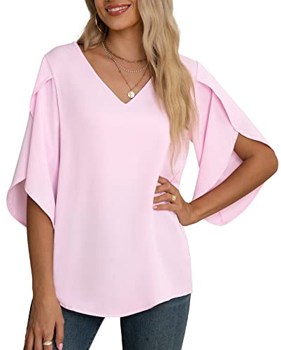 Yommay Camicetta in chiffon da donna top elegante casual allentato 3/4 increspato manica divisa scollo a V camicetta estiva t-shirt, rosa chiaro, XXL