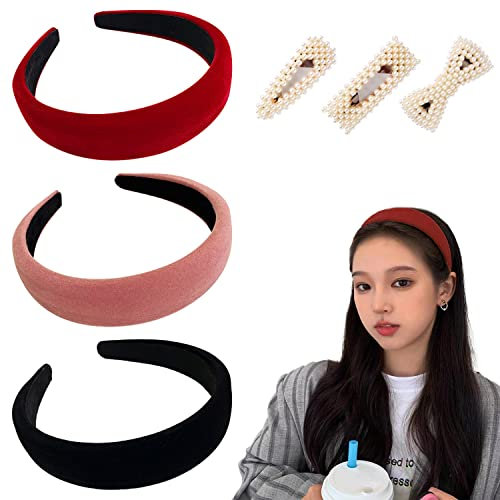 3 bandeaux en velours avec 3 pinces à perles, large bandeau en velours antidérapant, bandeau doux, accessoires pour cheveux vintage et élégant, convient pour les femmes et les filles
