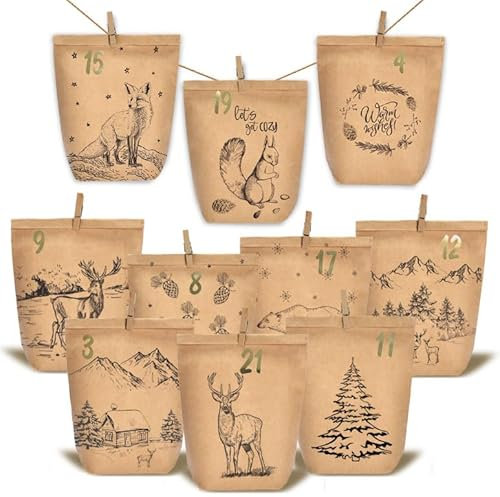 KOHMUI Adventskalender zum Befüllen, 24 Weihnachtskalender Papiertüten zum Selber Basteln, DIY Geschenktüten zum selbst füllen, Kraftpapiertüten Advents Tüten Selbstbefüllen für Kinder & Erwachsene