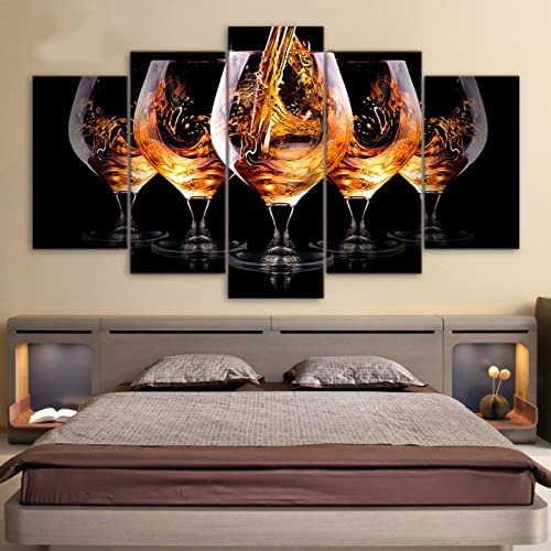 Tableau 5 Pièces Verre À Vin Vin Rouge 5 Panneaux Tableau Sur Toile Art Mural Décoration Murale Moderne Maison Salon Chambre Décoration, Avec Cadre 150 X 80 Cm