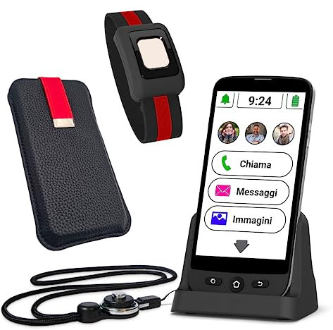 Smartphone Anziani Telesoccorso 4G GSM Telesalvalavita Bracciale Salvavita Pulsante SOS Chiamata Emergenza Invio Posizione GPS / Suoneria 85 dB / WhatsApp / Menù semplificato Apparecchi Acustici M4/T4