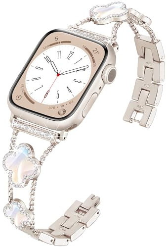 wipalor Glitzer Metall iWatch Armband Kompatibel für Apple Watch Armband Damen (42mm Series 10) 40mm 41mm 38mm, Edelstahl Glänzendes Vierblattgras für Apple Watch SE 10 9 8 7 6 5 4 3-Sternenlicht