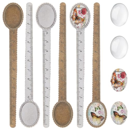 SUNNYCLUE 16 Stück DIY 8 Sets Metall Lesezeichen Rohlinge Ovale Glas Cabochons Lineal Lesezeichen Lünette Tabletts Schmetterling Lesezeichen Rohlinge Blenden Antik Silber Bronze Cabochon Lesezeichen