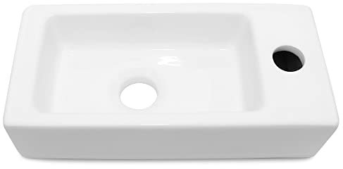 Lavabo pequeño para colgar o ensanchar para invitados, pequeño mini lavabo, 370 x 185 x 90 mm, mini lavabo a la derecha