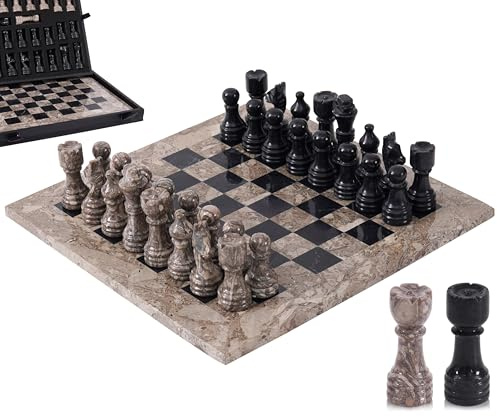 Juego de ajedrez de mármol de 30 cm, Hecho a Mano con 32 Piezas, 2 Reinas Extra y Caja. Juego de Viaje de Lujo y Elegante Regalo para Adultos y decoración del hogar (Oceanic & Black)