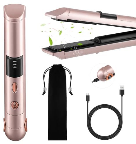 Cordless Hair Straighteners Curler 2 in 1,Travel Wireless Portable USB Rechargeable Straightener,Mini Flat Iron Curling Wand with Ceramic Plate 3 Temperature Levels,Type-C Rechargeable