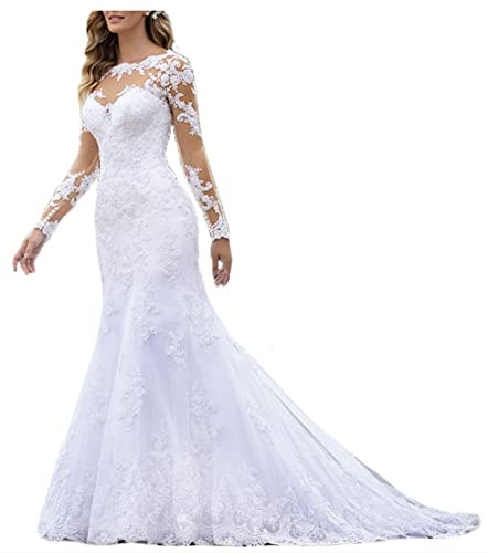 Spitzen Applikationen Langarm Hochzeitskleid Standesamtliche Brautkleid, WZEFEIO, Weiß, 32