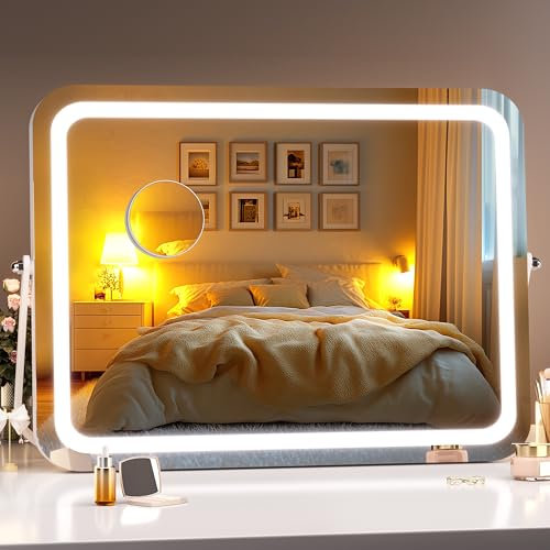 Hasipu Kosmetikspiegel mit Licht, 45 x 35cm LED Schminkspiegel, 3 Lichtmodi, Smart Touch Control dimmbar, 360ーRotation, Abgerundeter rechteckiger weißer Rahmen, mit 5facher Lupe