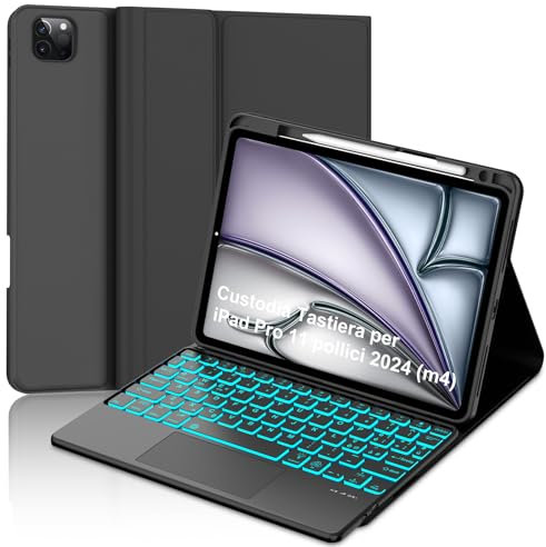 FOGARI Tastiera per iPad Pro 11 Pollici M2/M4 2024 con Touchpad, Keyboard Retroilluminata Italiano, Bluetooth Rimovibile Custodia con Tastiera per iPad Pro 11 (M2/M4) 2024, Nero