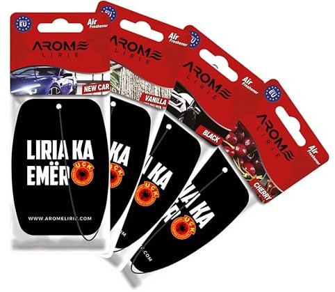Liria ka emer Kosova Albania Duftanhänger, SHQIPONJA, car air freshener 4-er Pack UCK Duftbaum in 4 Düften New Car, Black, Vanilla, Cherry