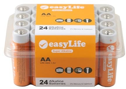 Easylife Super Alkaline AA Batteries 24 Pack. Long-Lasting 1.5V Batteries AA Pack of 24. Mercury-Free, Anti-Leak Double AA Batteries for Radios, Remotes, Alarms or Torches - Fully Guaranteed