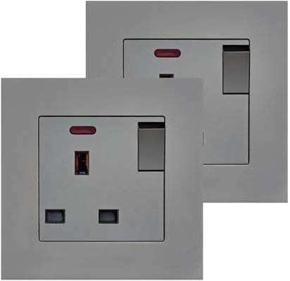 2 Pack Electrical Single Switched Power Socket, 3-pin 13A Switched Plug Screwless Wall Socket, PC Plate Wall Outlet(Grey)