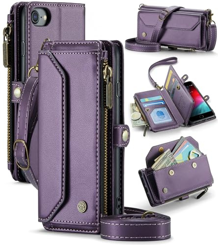 For iPhone 6/7/8, for iPhone SE (2nd/3rd Gen) Case, Crossbody Wallet Phone Case, RFID Blocking Kickstand Anti-Drop Wireless Charging Card Slots, PU Leather Shoulder Bag Clutch Adjustable Strap, Purple